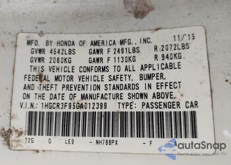 2016 Honda Accord Touring из США, поврежденный, VIN 1HGCR3F95GA012399